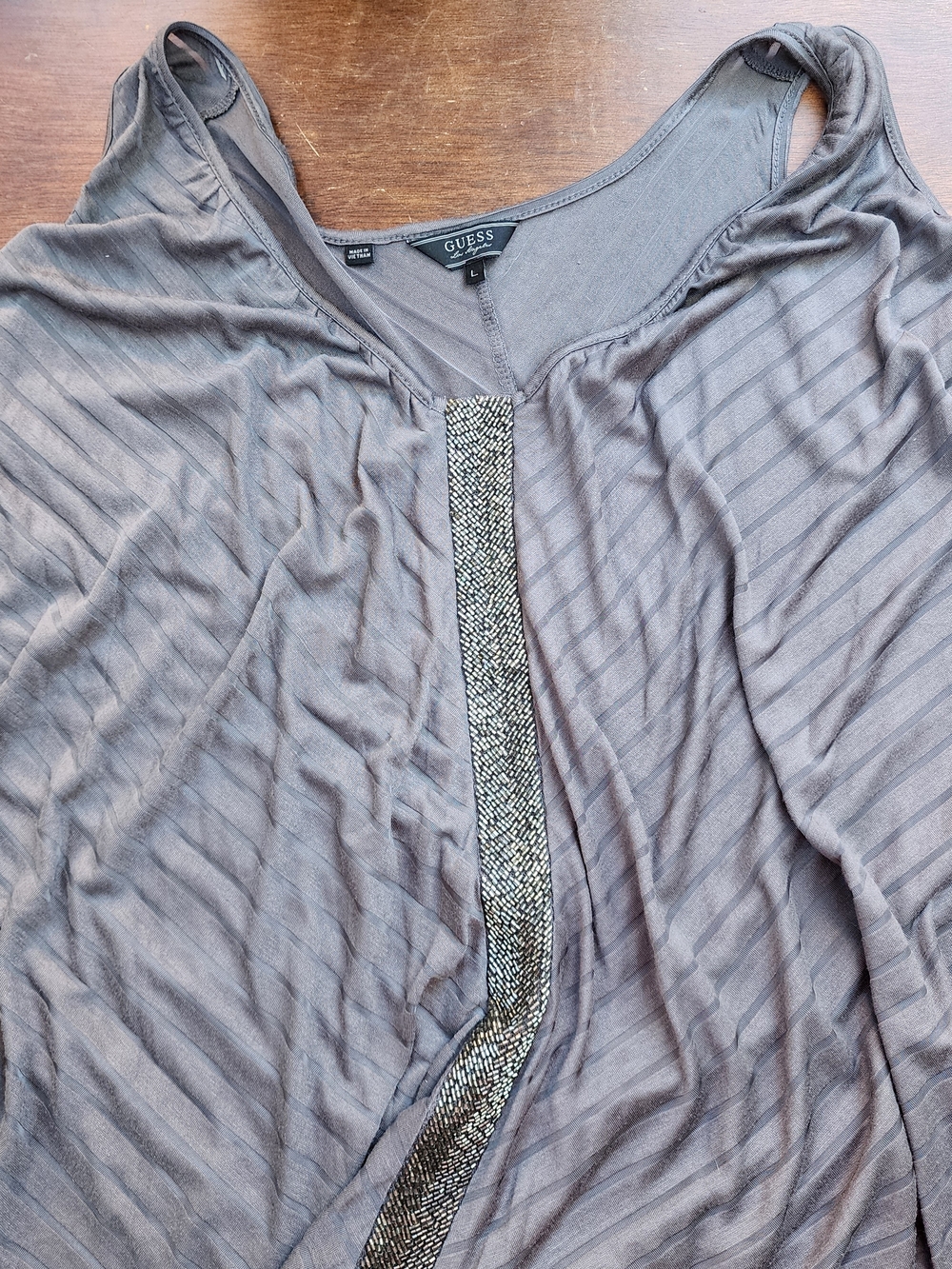 GUESS Los Angeles Charcoal Grey Cold Shoulder Beaded Shimmer Top [L]